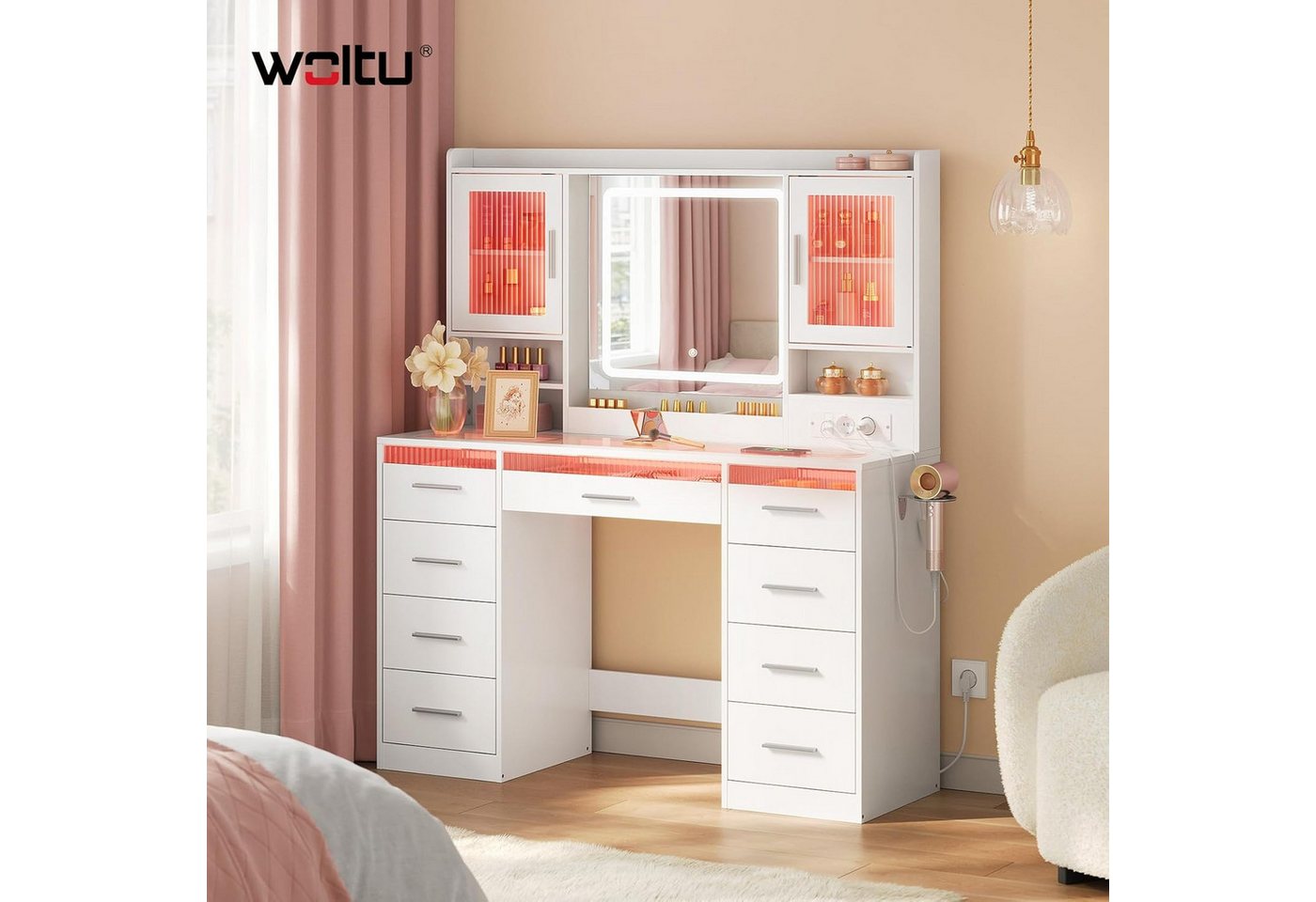 Woltu Schminktisch (1-St), mit RGB- und LED-Beleuchtung mit transparenter Glasplatte – Bild 2 von 5