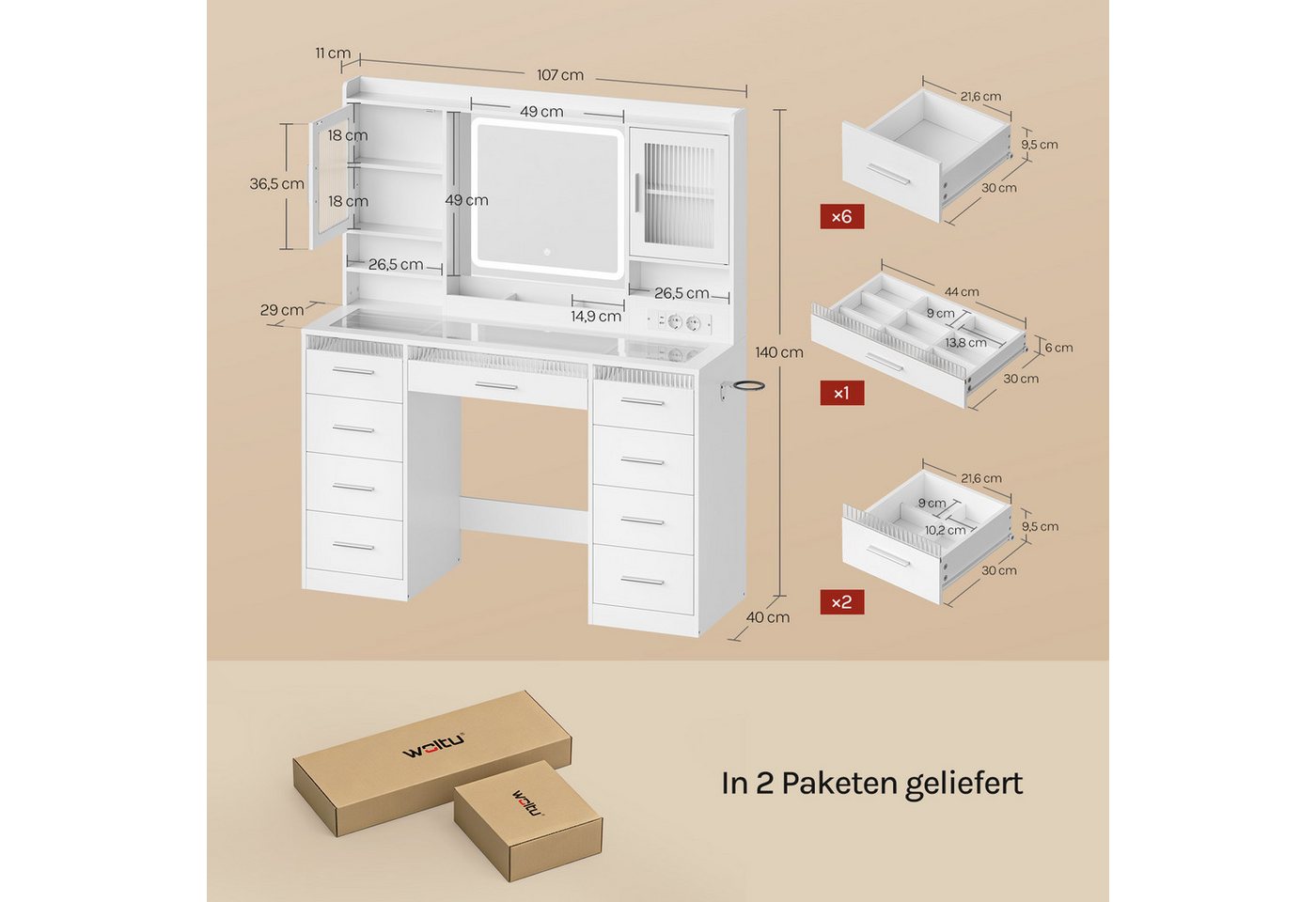 Woltu Schminktisch (1-St), mit RGB- und LED-Beleuchtung mit transparenter Glasplatte – Bild 3 von 5