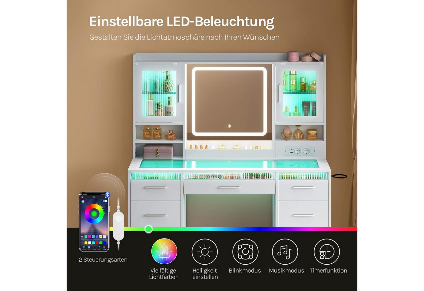 Woltu Schminktisch (1-St), mit RGB- und LED-Beleuchtung mit transparenter Glasplatte – Bild 4 von 5
