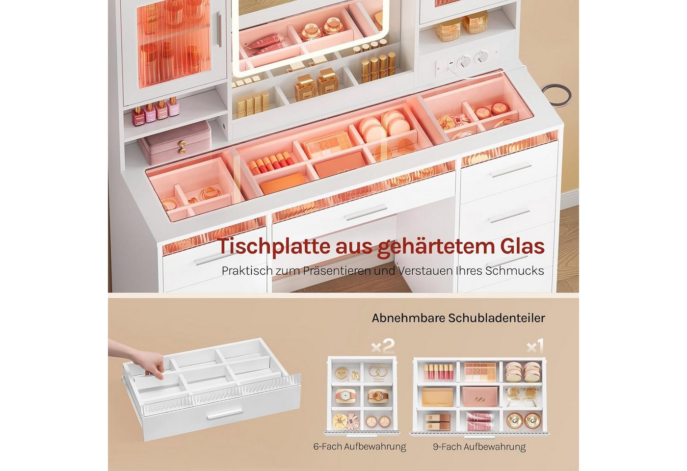 Woltu Schminktisch (1-St), mit RGB- und LED-Beleuchtung mit transparenter Glasplatte – Bild 5 von 5