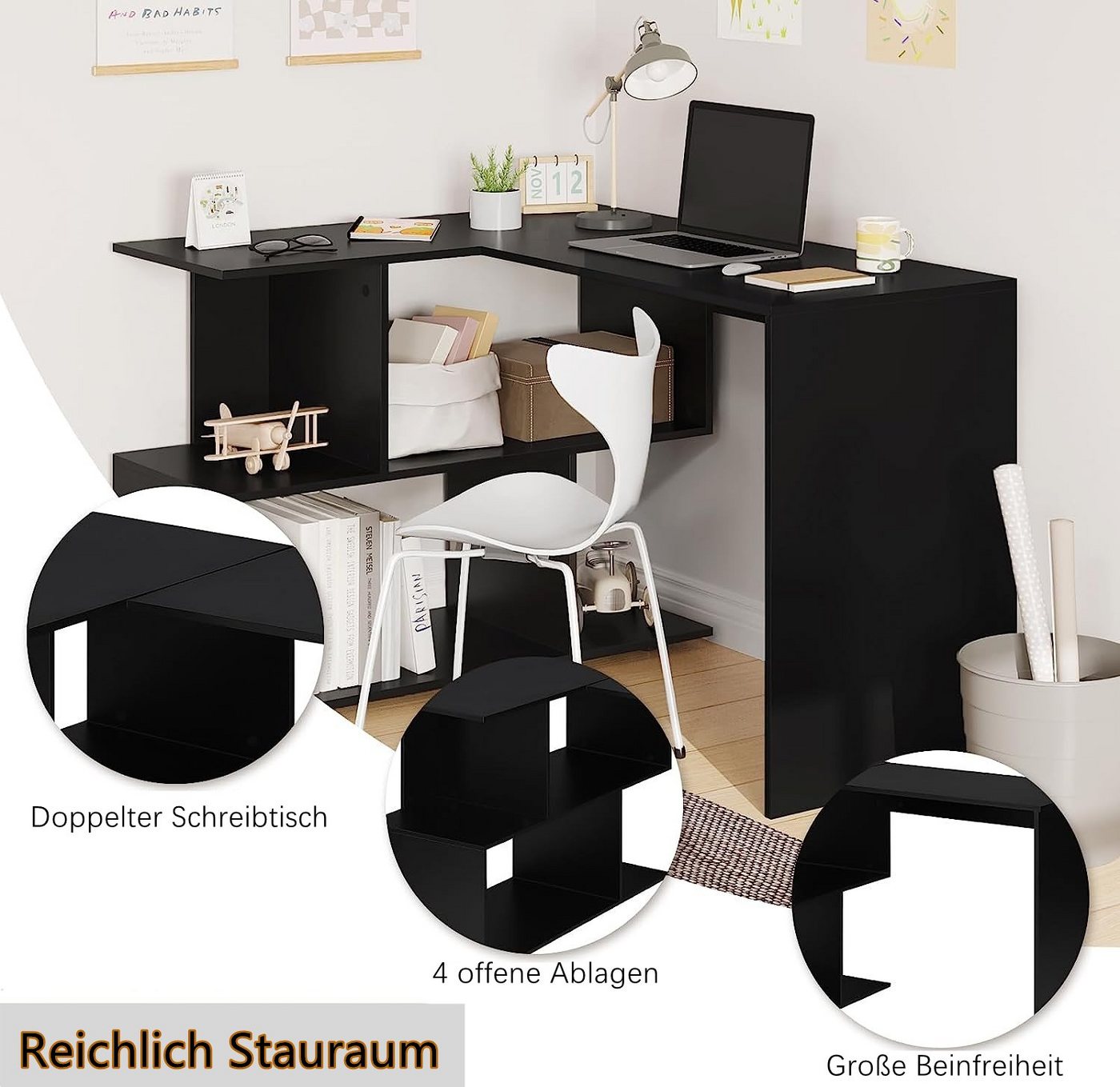 Woltu Schreibtisch (1-St), Computertisch L Form, Eckschreibtisch 120x100cm, mit Ablagen – Bild 5 von 5
