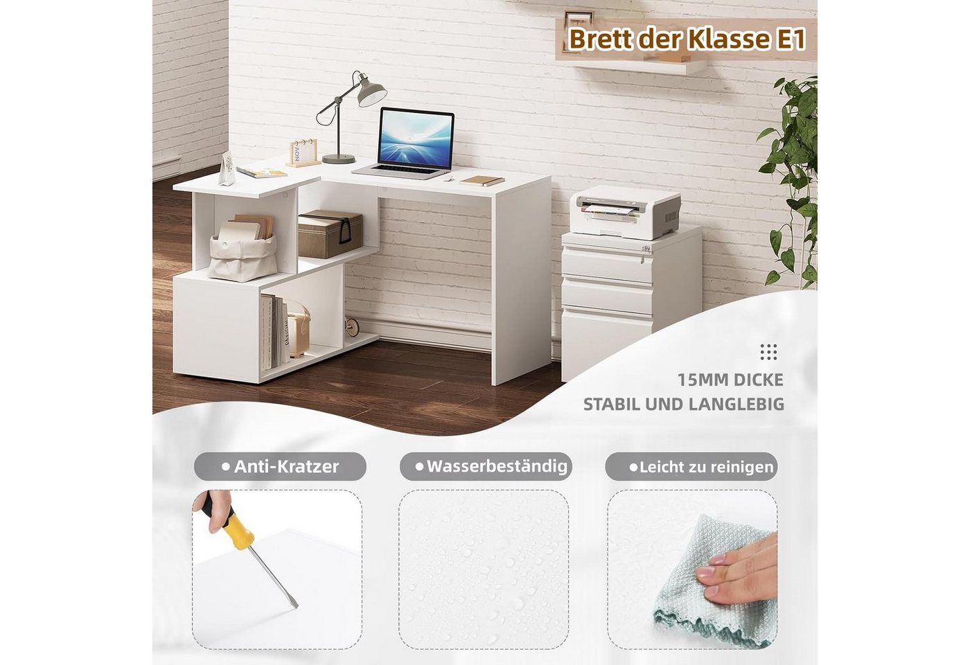 Woltu Schreibtisch (1-St), Computertisch L Form, Eckschreibtisch 120x100cm, mit Ablagen – Bild 5 von 5