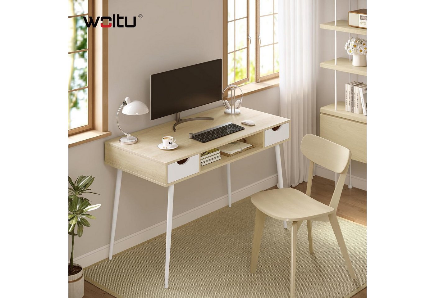 Woltu Schreibtisch (1-St), 120x58cm, Arbeitstisch, Computertisch Wohnzimmer, aus Stahl, Holz – Bild 2 von 5
