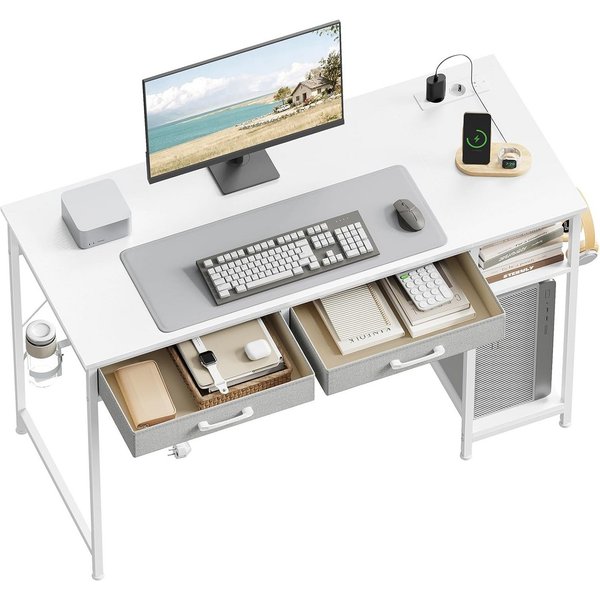 Woltu Schreibtisch, Computertisch mit 2 Schubladen&Steckdosen USB- und Typ-C-Anschluss