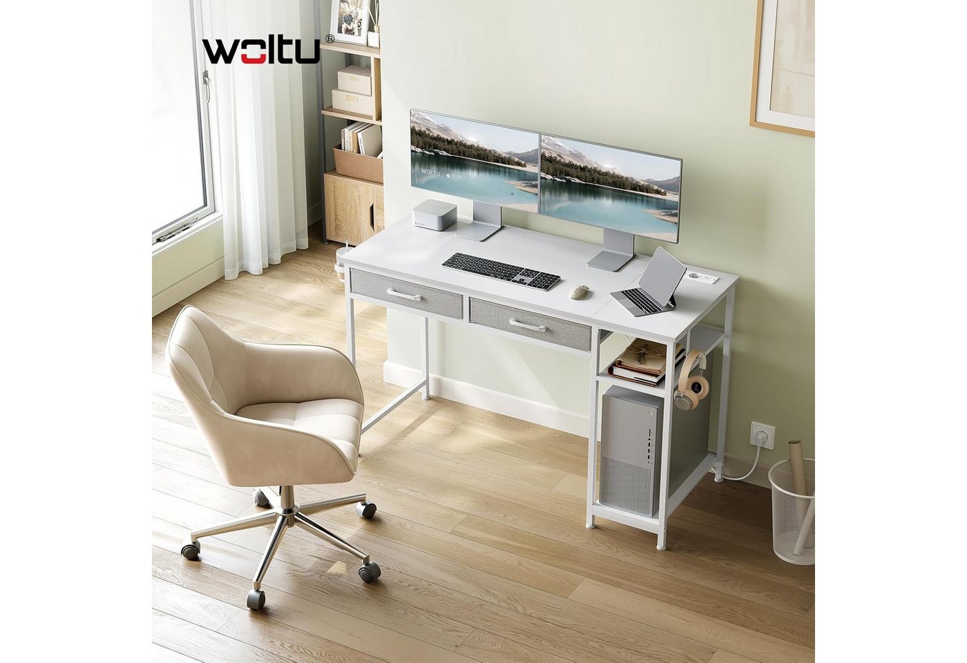Woltu Schreibtisch, Computertisch mit 2 Schubladen&Steckdosen USB- und Typ-C-Anschluss – Bild 2 von 5