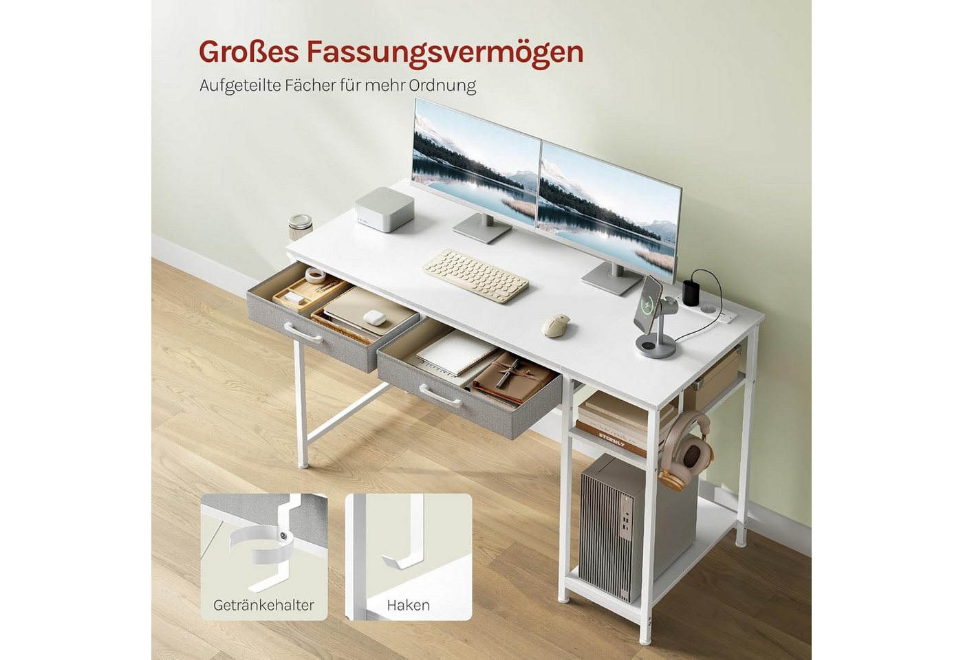 Woltu Schreibtisch, Computertisch mit 2 Schubladen&Steckdosen USB- und Typ-C-Anschluss – Bild 5 von 5