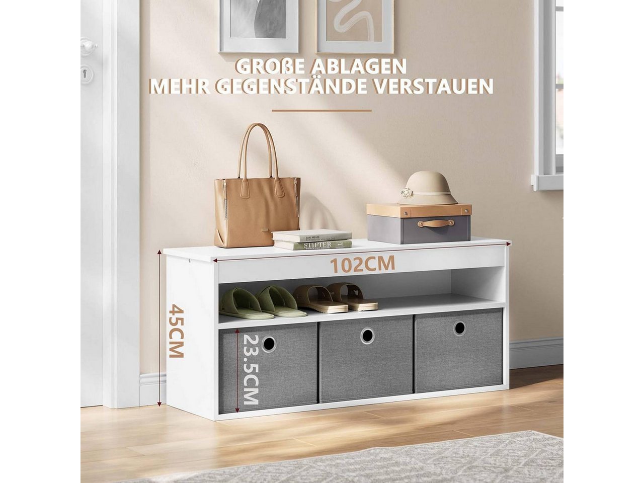 Woltu Schuhbank (1-St), mit Sitzfläche, Sitzbank mit Stauraum, 3 Stoffschubladen – Bild 5 von 5