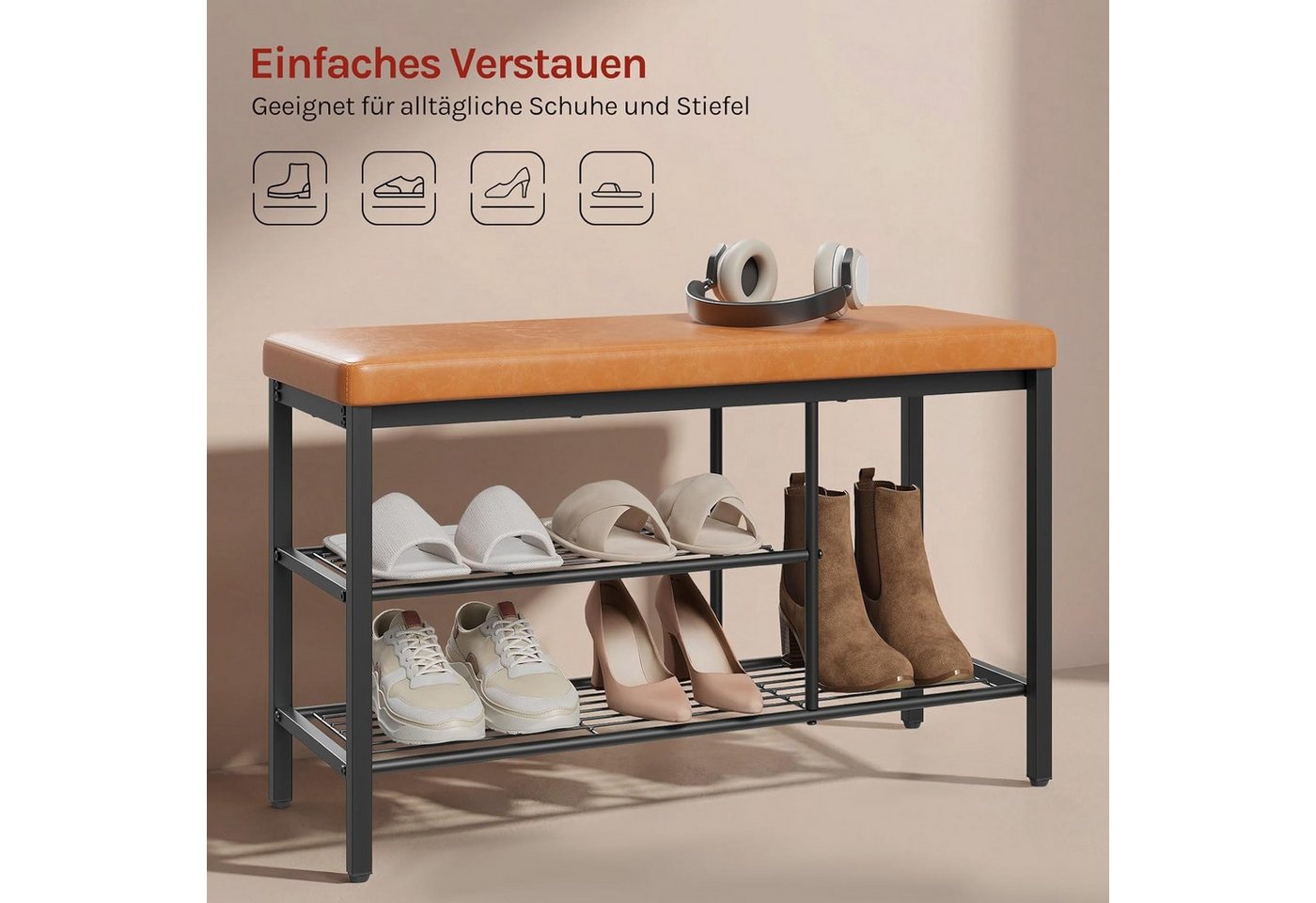 Woltu Schuhbank, Gepolstertes Sitzkissen mit Kunstleder, mit Sitzfläche – Bild 4 von 5