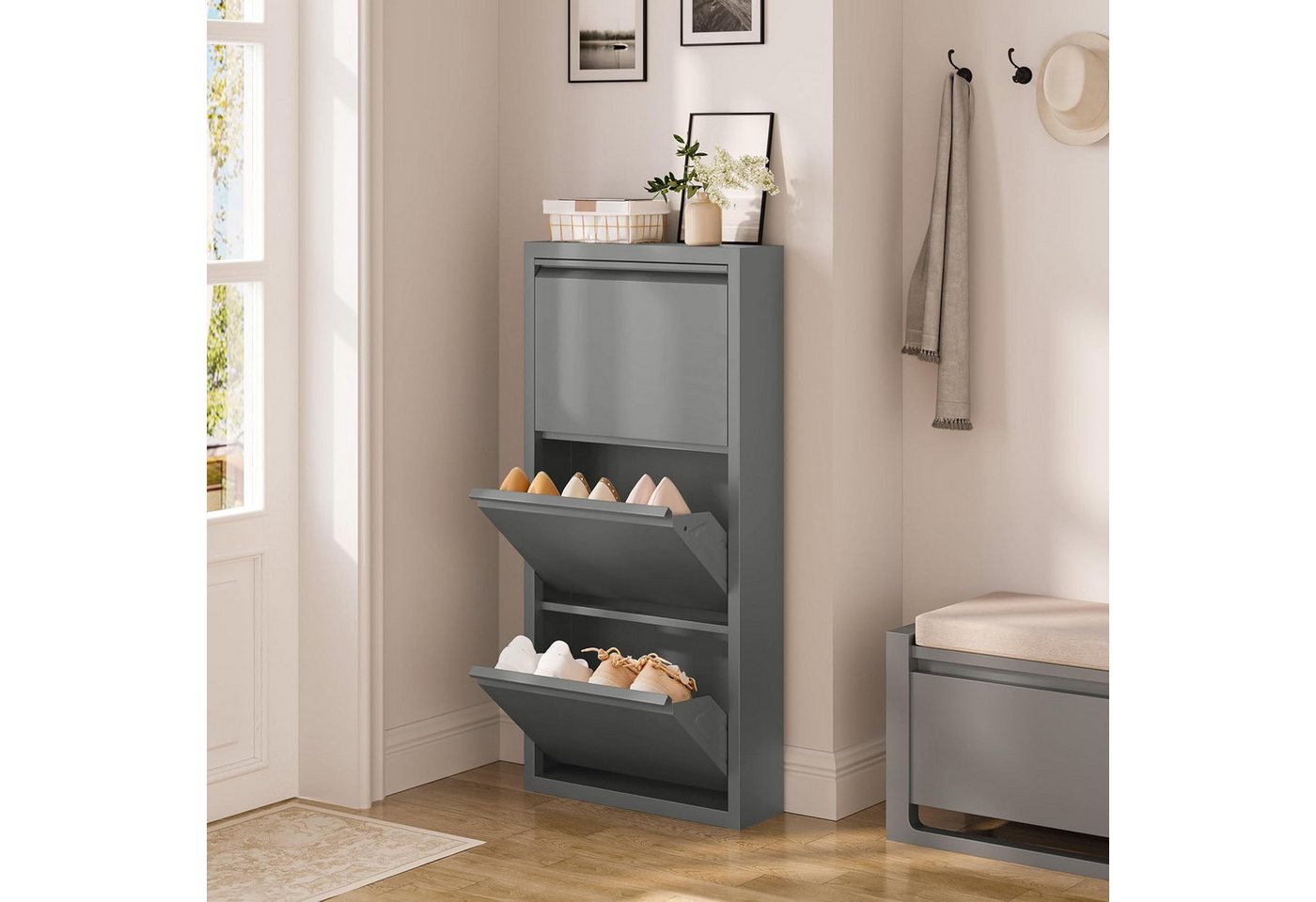 Woltu Schuhschrank (1-St) mit 3 Klappen, für 9 Paar Schuhe, Schuhregal aus Metall – Bild 4 von 5
