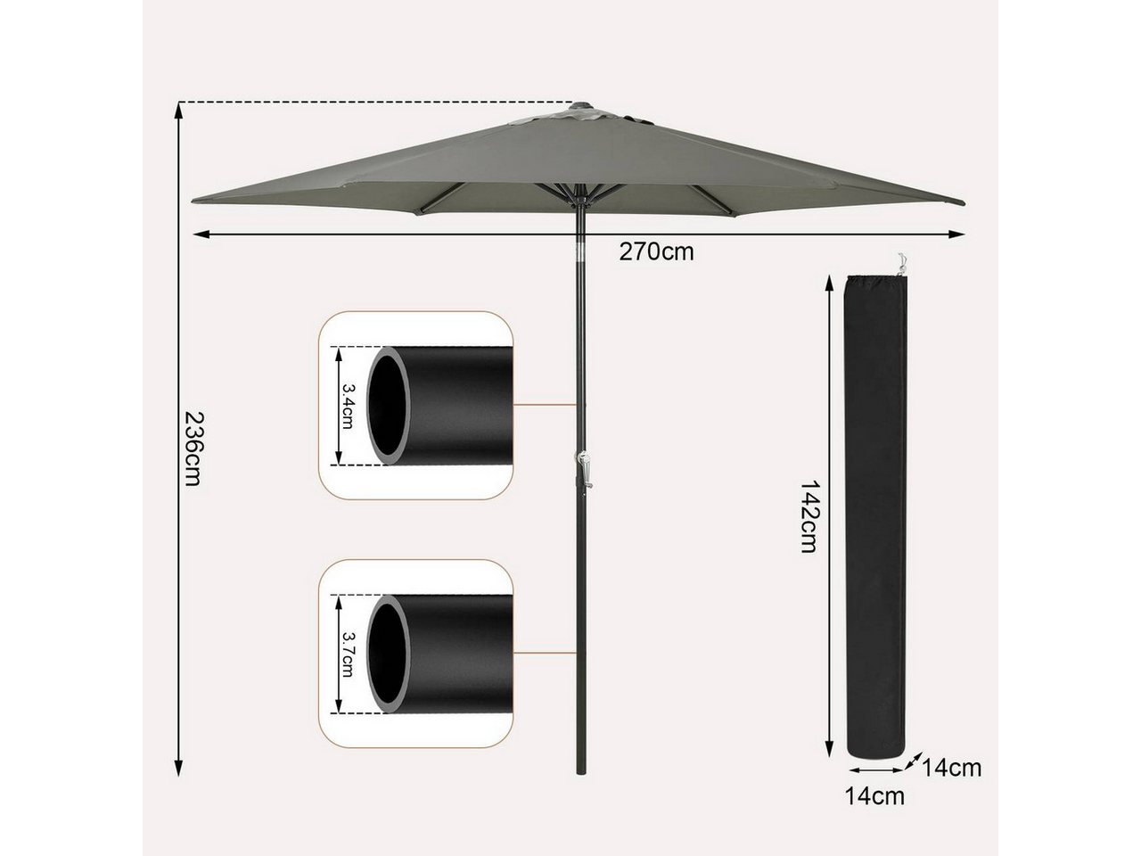 Woltu Sonnenschirm, Strandschirm UV-beständig, 45° knickbar, Handkurbel – Bild 3 von 5