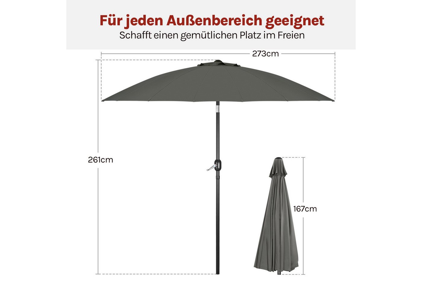 Woltu Sonnenschirm, Gartenschirm mit Kurbel, Ø 257/273 cm, für Terrasse, Patio, Pool – Bild 3 von 5
