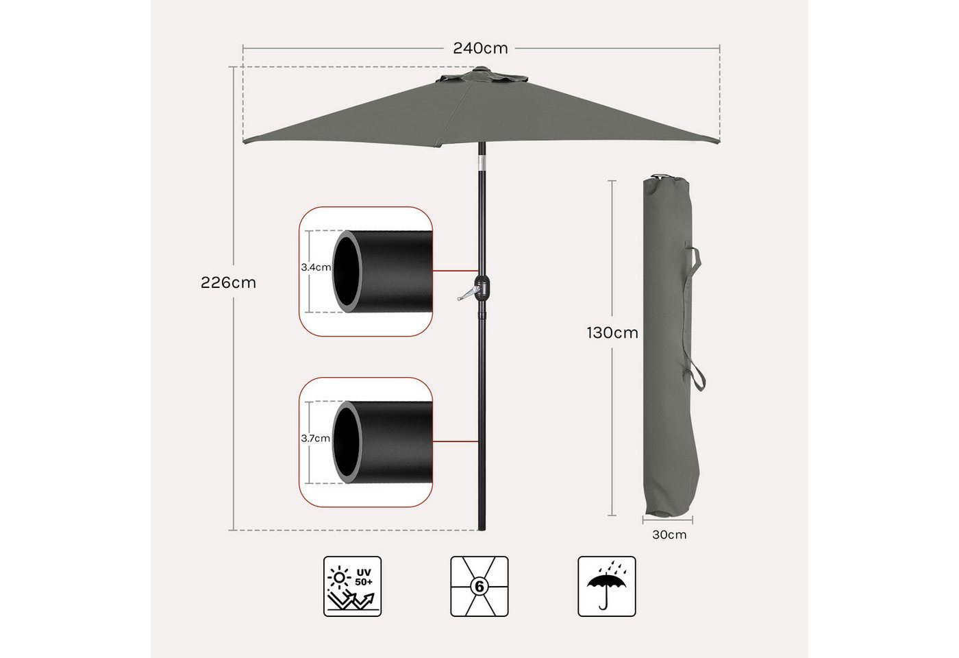 Woltu Sonnenschirm, Strandschirm UV-beständig, 45° knickbar, Handkurbel – Bild 3 von 5