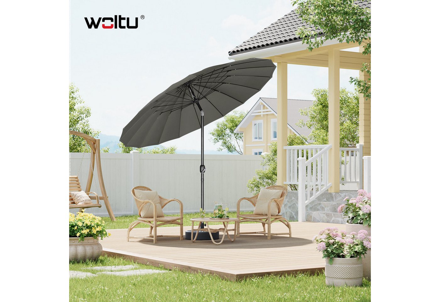 Woltu Sonnenschirm, Gartenschirm mit Kurbel, Ø 257/273 cm, für Terrasse, Patio, Pool – Bild 2 von 5