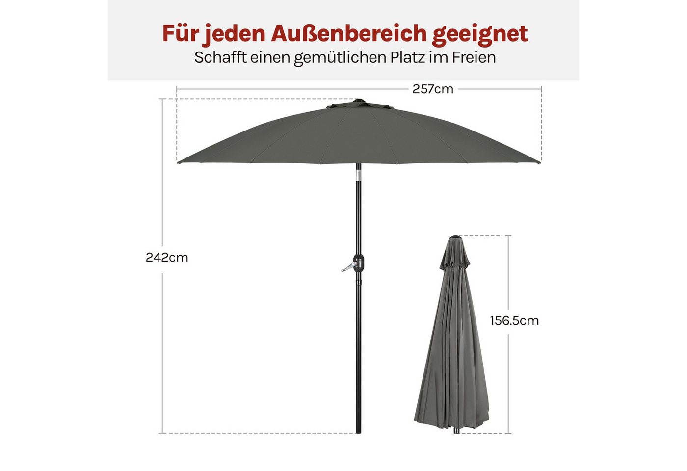 Woltu Sonnenschirm, Gartenschirm mit Kurbel, Ø 257/273 cm, für Terrasse, Patio, Pool – Bild 3 von 5
