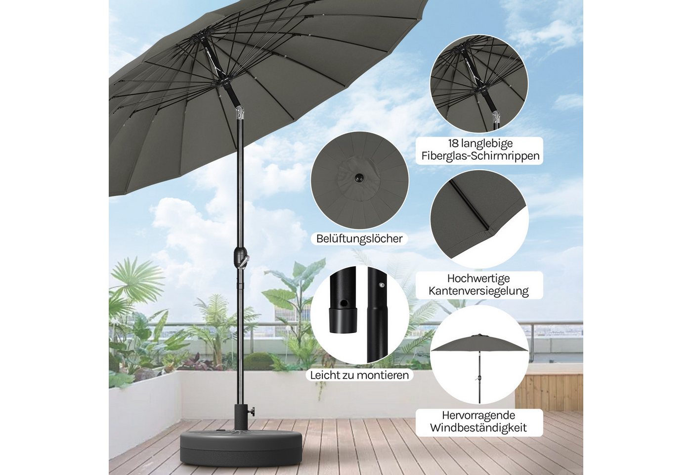 Woltu Sonnenschirm, Gartenschirm mit Kurbel, Ø 257/273 cm, für Terrasse, Patio, Pool – Bild 4 von 5