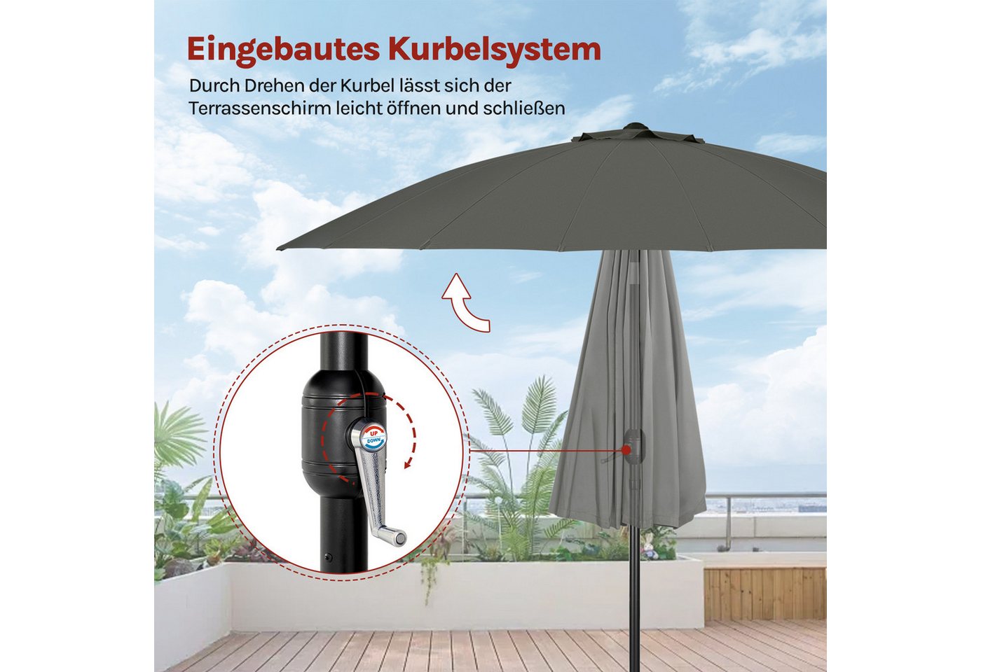 Woltu Sonnenschirm, Gartenschirm mit Kurbel, Ø 257/273 cm, für Terrasse, Patio, Pool – Bild 5 von 5