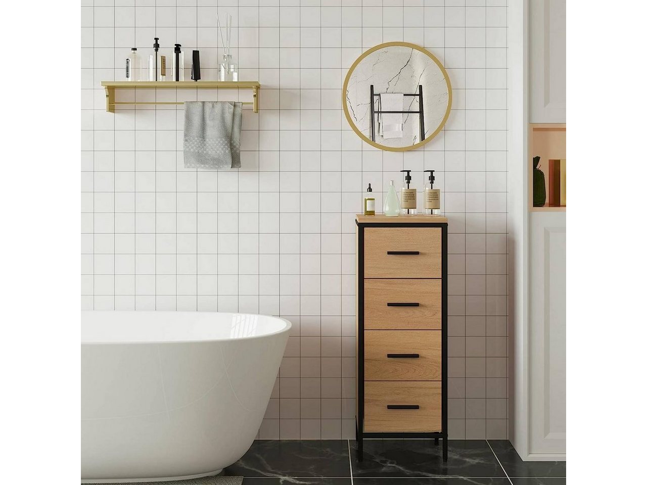 Woltu Spiegel (1-St), rund, mit Goldrahmen, aus Glas Metall MDF Haken – Bild 4 von 5