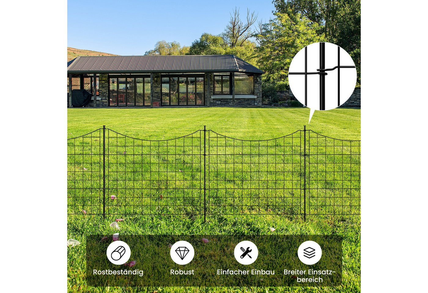 Woltu Teichzaun, (10-St), Gartenzaun Komplettset, Steckzaun Metall, Gitterzaun Schwarz – Bild 5 von 5