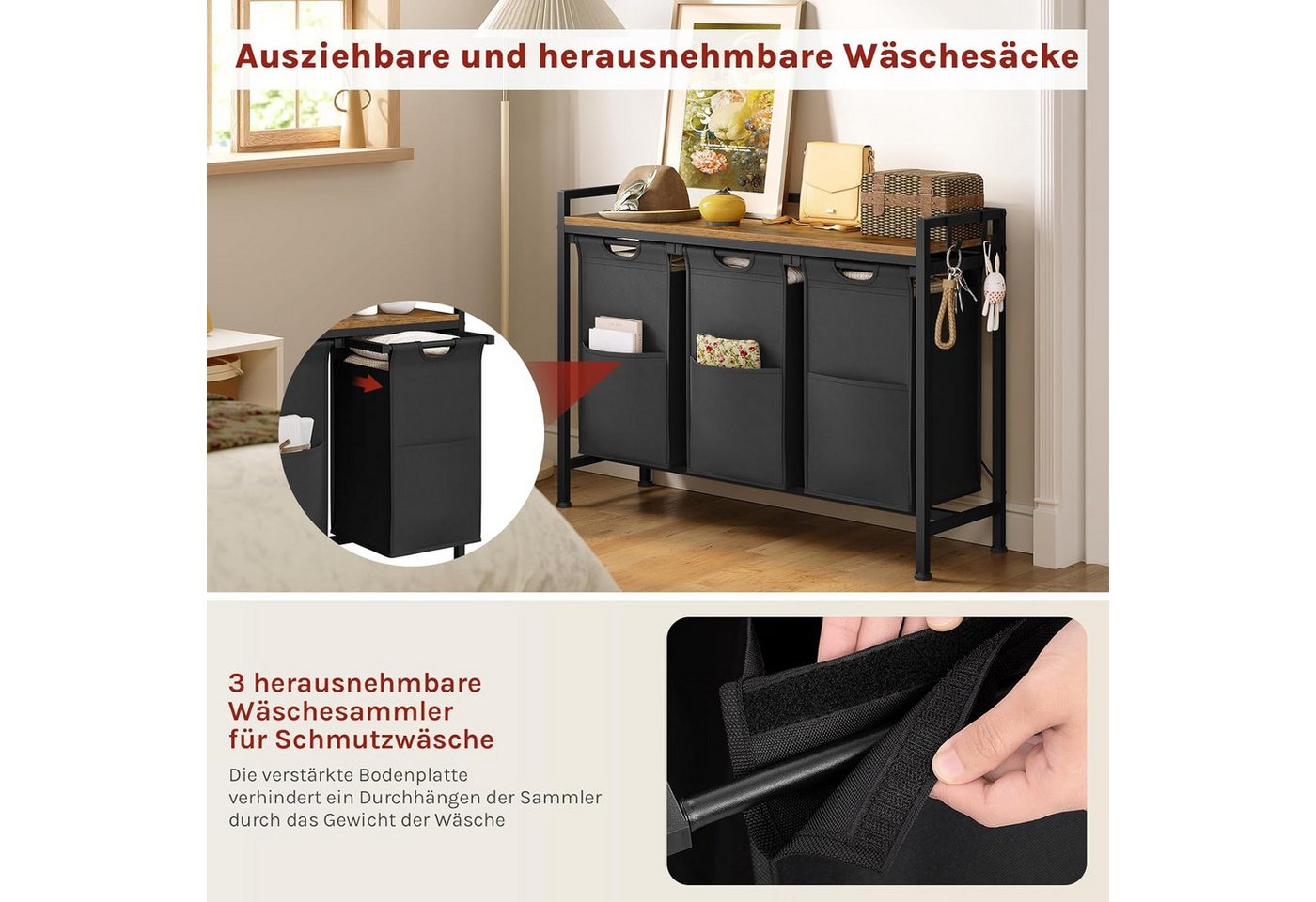 Woltu Wäschekorb, mit Ablage, 3 Fächer, jedes 40 L, Wäschesammler ausziehbar abnehmbar – Bild 4 von 5