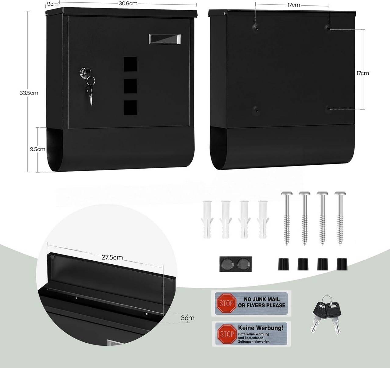 Woltu Wandbriefkasten (1-St), Postkasten mit 2 Schlüsseln, abschließbar, Sichtfenster – Bild 3 von 5