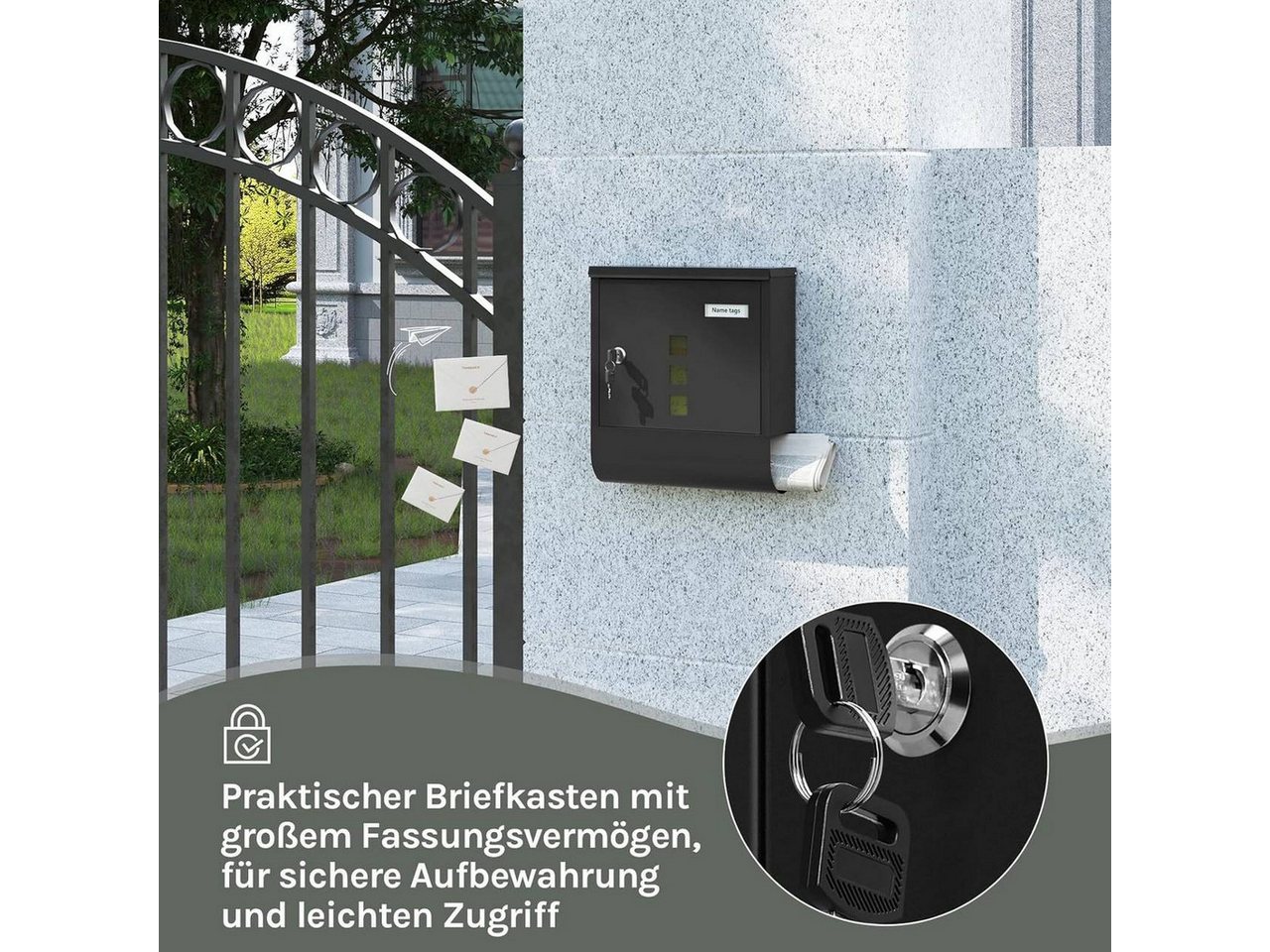 Woltu Wandbriefkasten (1-St), Postkasten mit 2 Schlüsseln, abschließbar, Sichtfenster – Bild 4 von 5
