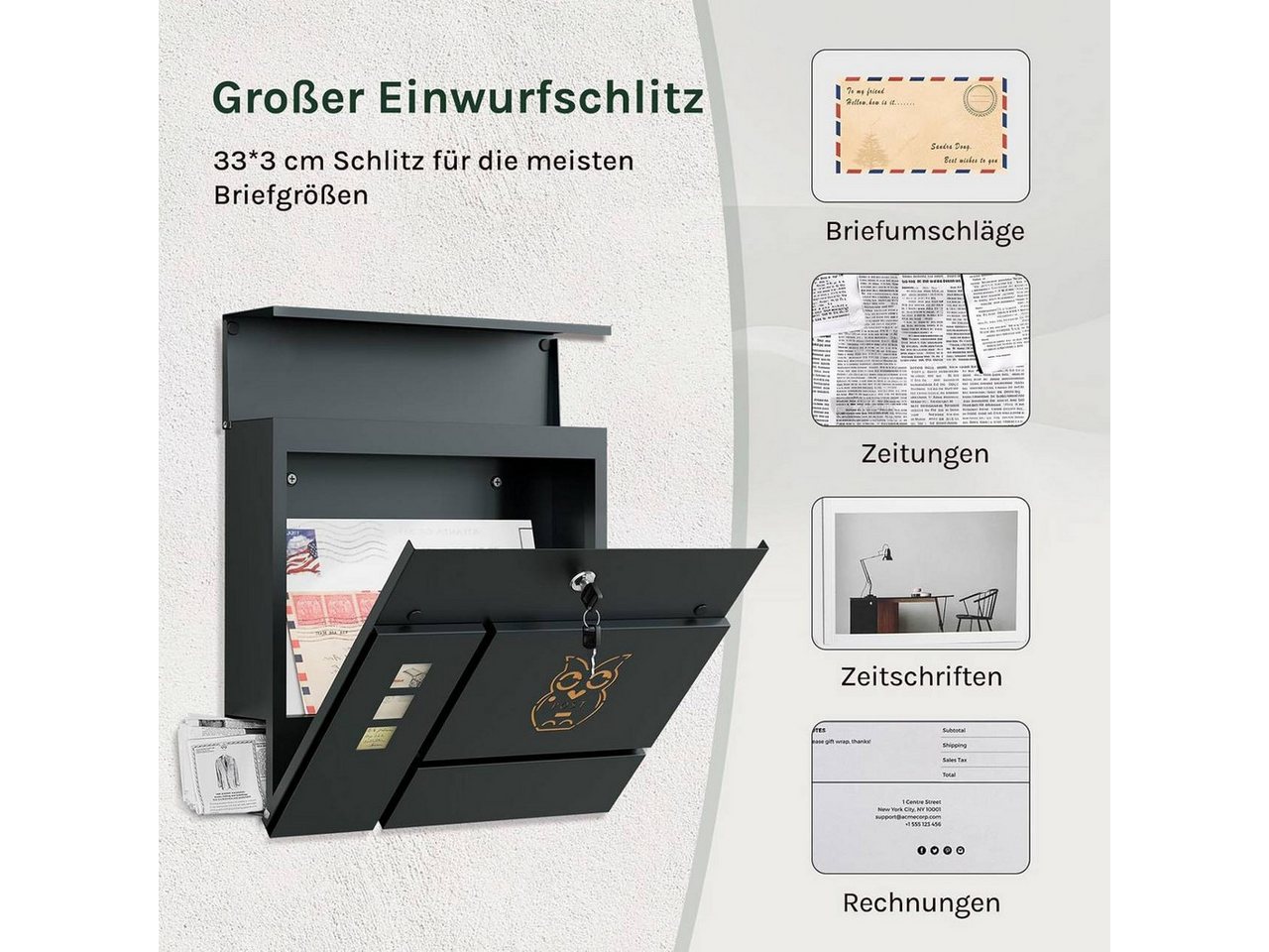 Woltu Wandbriefkasten (1-St), mit Zeitungsfach, Sichtfenstern, Wandbriefkasten abschließbar – Bild 4 von 5