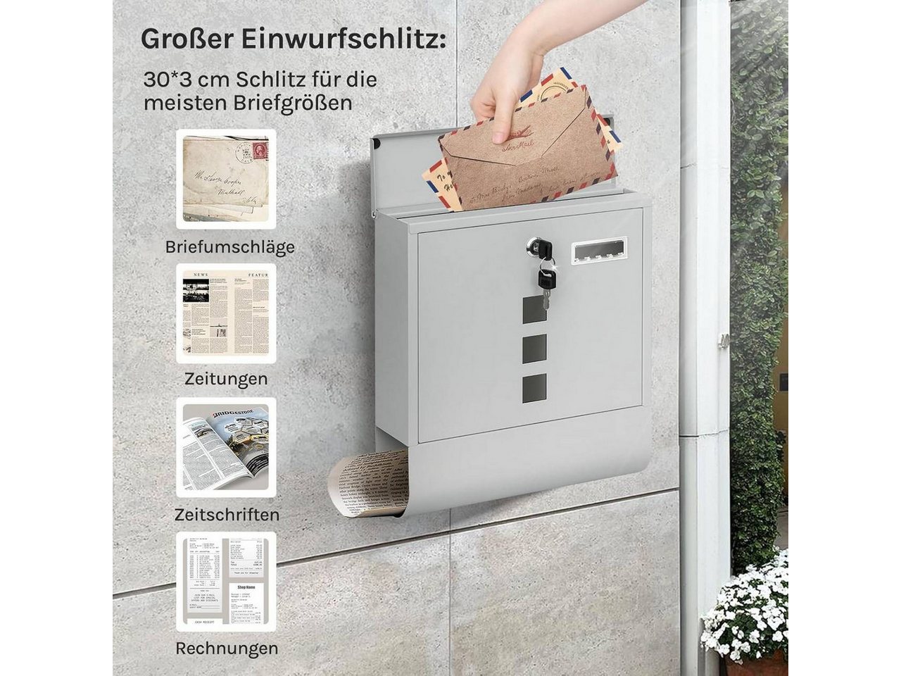 Woltu Wandbriefkasten (1-St), Postkasten mit Zeitungsfach Sichtfenstern, abschließbar – Bild 5 von 5