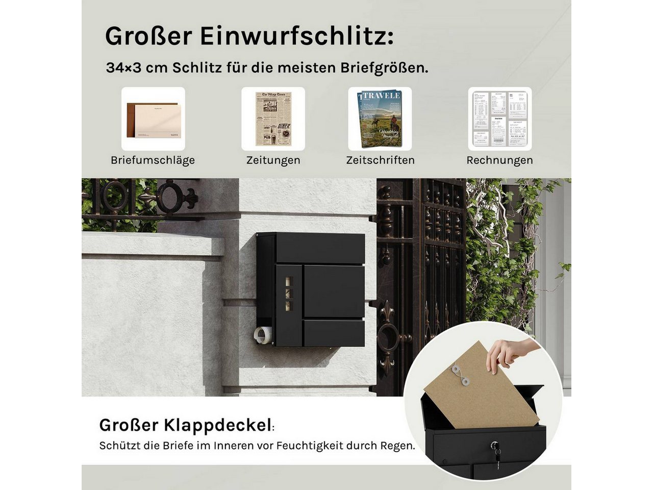Woltu Wandbriefkasten (1-St), Postkasten mit Zeitungsfach Sichtfenstern Klappdeckel, abschließbar – Bild 4 von 5