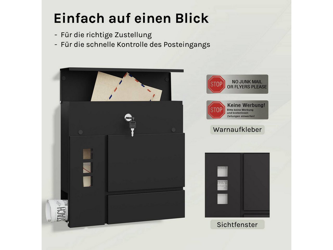Woltu Wandbriefkasten (1-St), Postkasten mit Zeitungsfach Sichtfenstern Klappdeckel, abschließbar – Bild 5 von 5