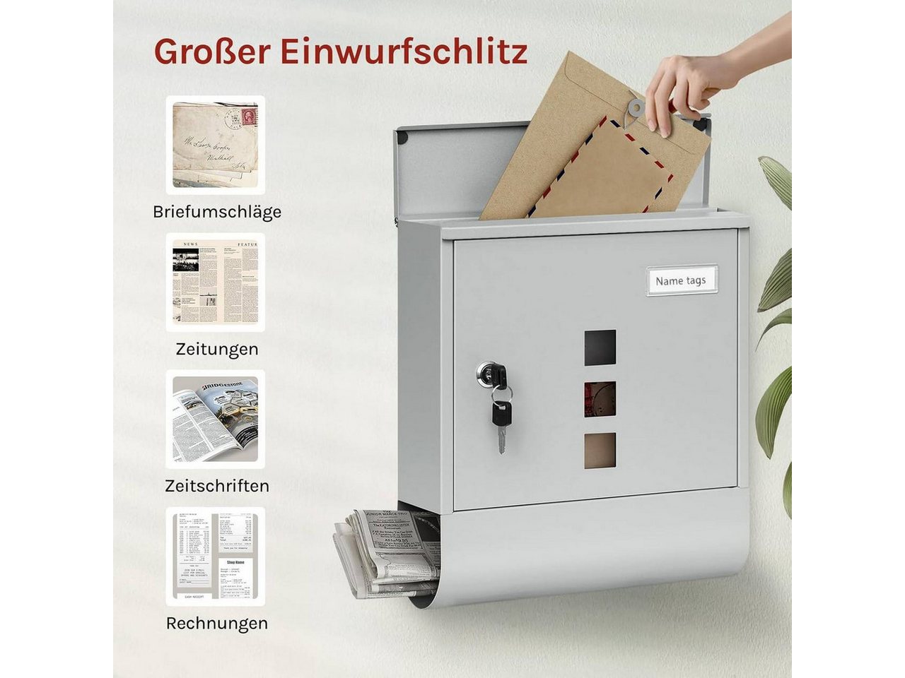Woltu Wandbriefkasten (1-St), Postkasten mit 2 Schlüsseln, abschließbar, Sichtfenster – Bild 4 von 5