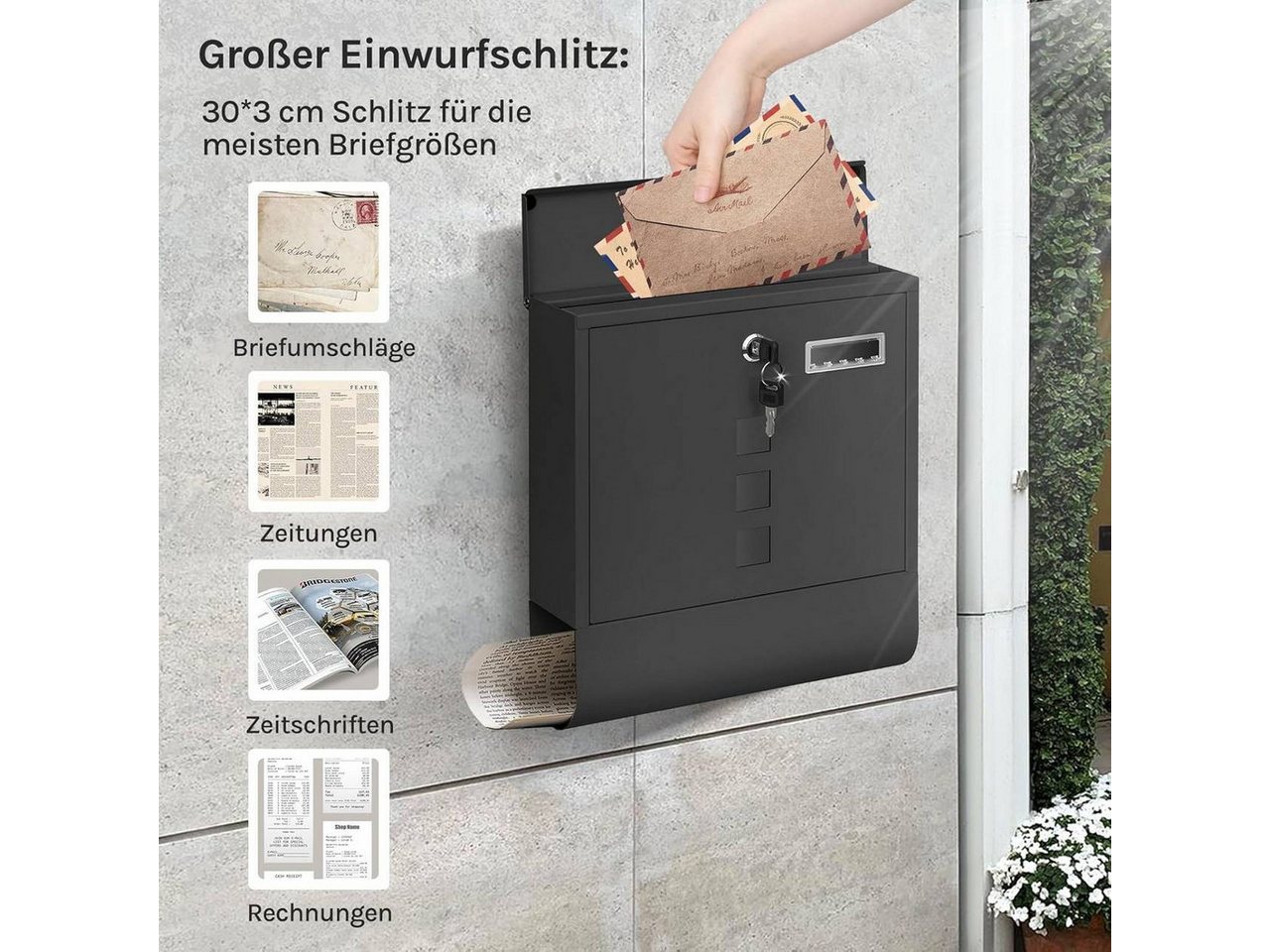 Woltu Wandbriefkasten (1-St), Postkasten mit Zeitungsfach Sichtfenstern, abschließbar – Bild 5 von 5