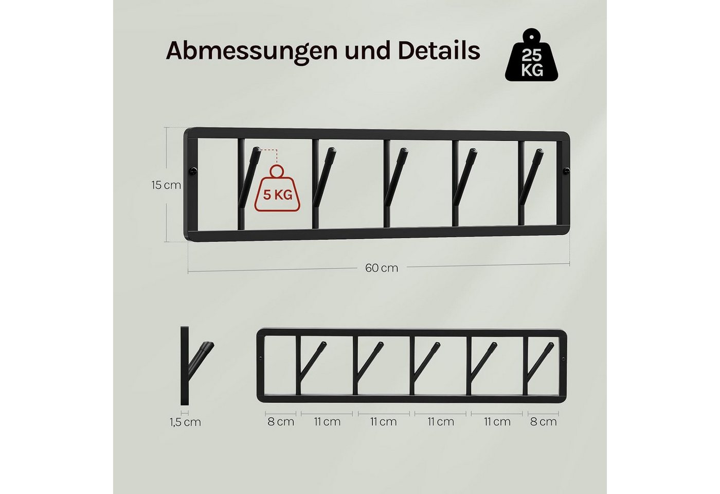 Woltu Wandgarderobe (1 St), mit 5 drehbaren Garderobenhaken, aus Metall – Bild 3 von 5
