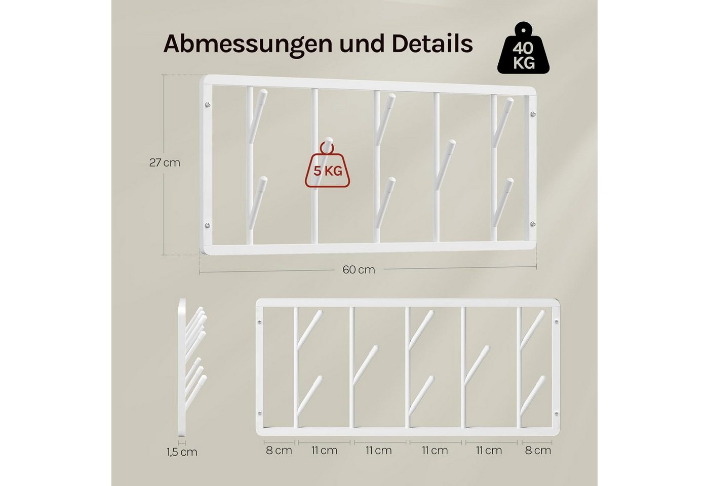 Woltu Wandgarderobe (1 St), mit 8 drehbaren Garderobenhaken, aus Metall – Bild 3 von 5