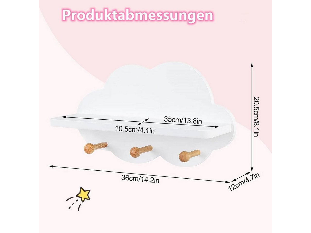 Woltu Wandregal, 3-tlg., Kinder Wolkenregal mit Haken, weiß – Bild 3 von 5