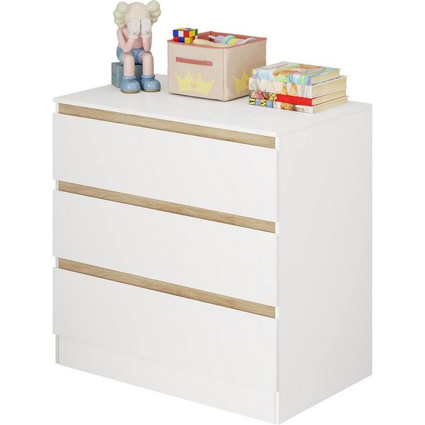 Woltu Wickelkommode, mit 3 Schubladen platzsparend 80x78x48cm, Weiß + Eiche