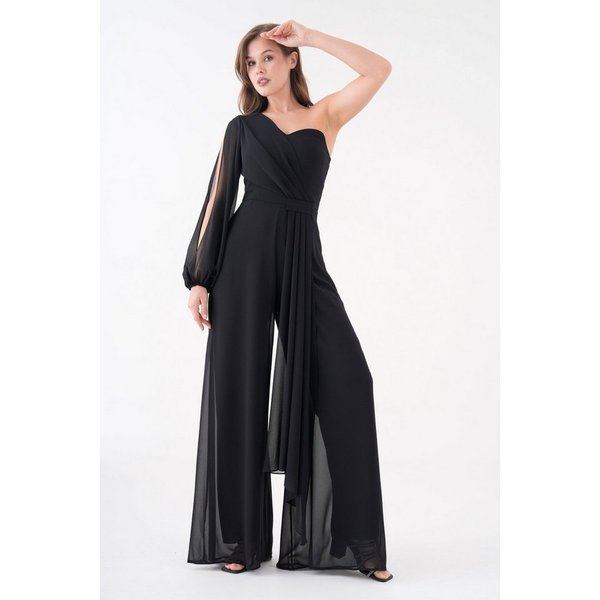 WOMAN VISION Abendkleid Schwarzes Chiffon-Abendkleid mit Gürteldetail, weitem Bein und einem Ä