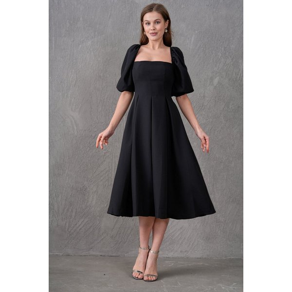 WOMAN VISION Abendkleid Trägerloses, kurzärmeliges, ausgestelltes Midikleid mit Ausschnitt