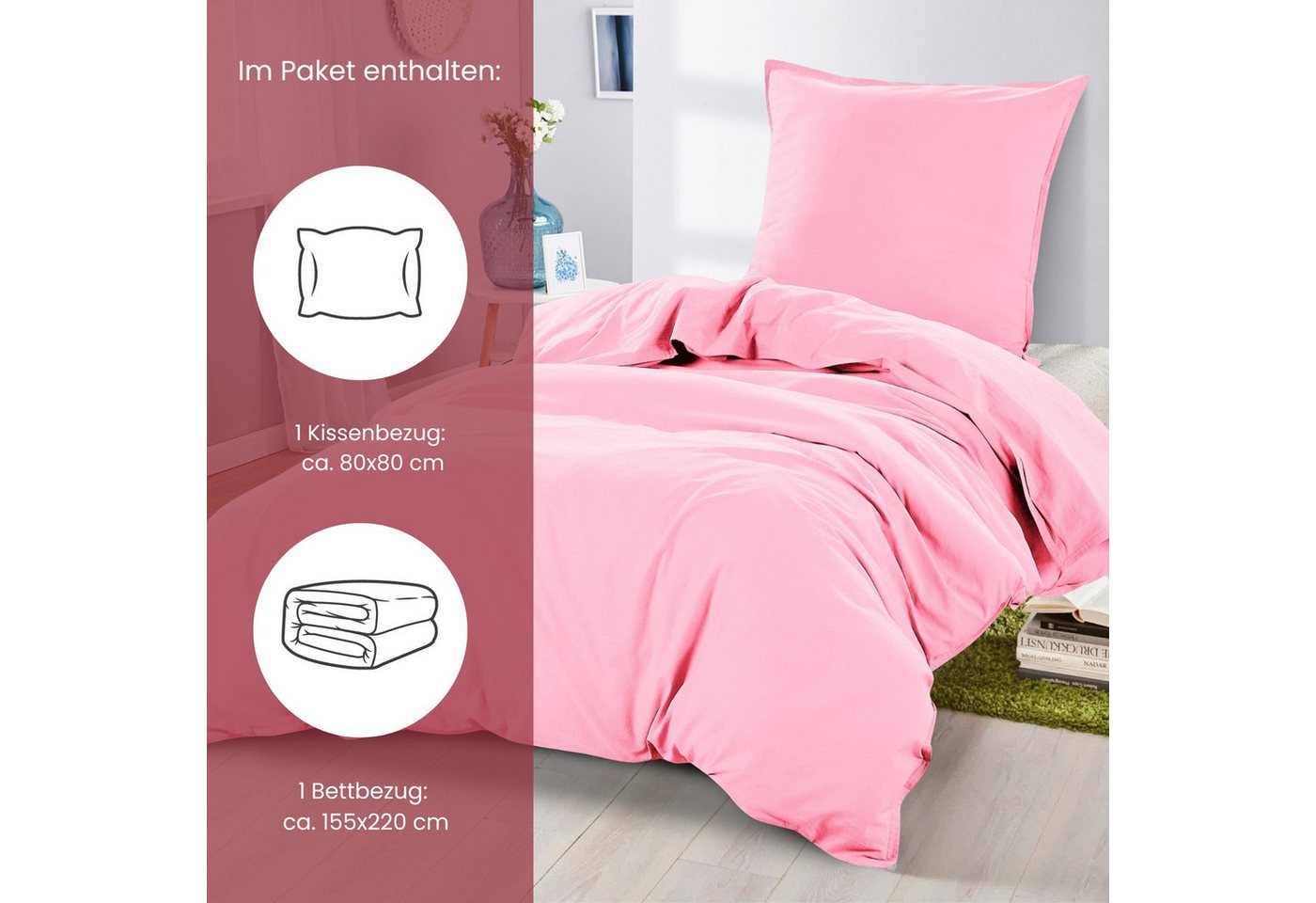 wometo Bettwäsche Stone Washed 155x220 Renforcé, Baumwolle, 2 teilig, OEKO-TEX®, 100% Baumwolle, Bettwäsche im Knitterlook mit Stehsaum – Bild 2 von 5