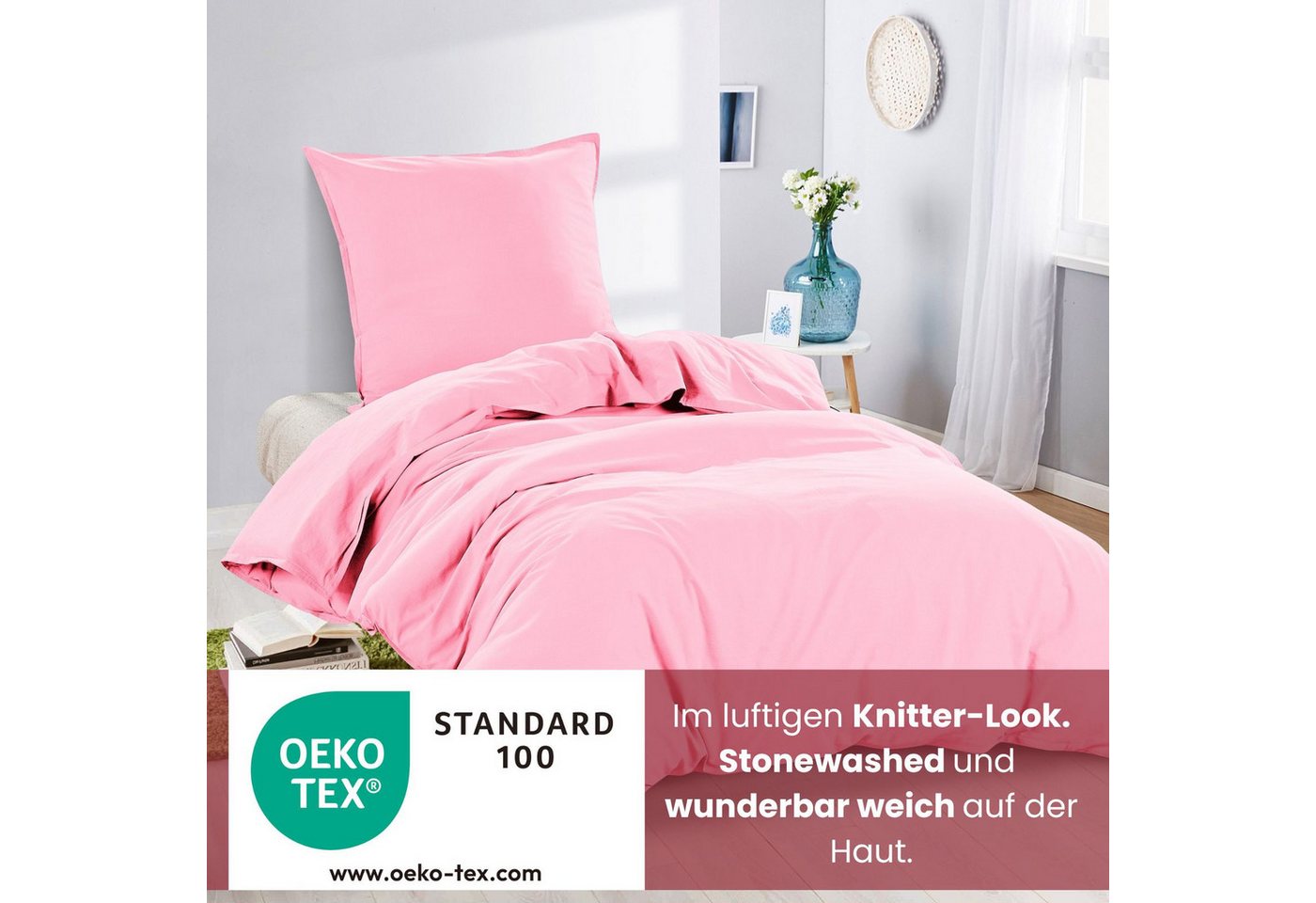 wometo Bettwäsche Stone Washed 155x220 Renforcé, Baumwolle, 2 teilig, OEKO-TEX®, 100% Baumwolle, Bettwäsche im Knitterlook mit Stehsaum – Bild 4 von 5