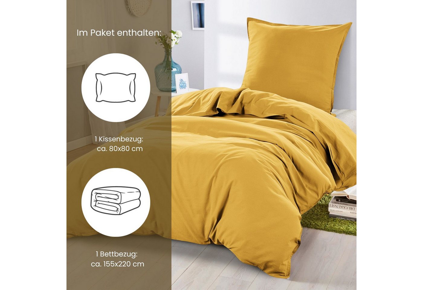 wometo Bettwäsche Stone Washed 155x220 Renforcé, Baumwolle, 2 teilig, OEKO-TEX®, 100% Baumwolle, Bettwäsche im Knitterlook mit Stehsaum – Bild 2 von 5