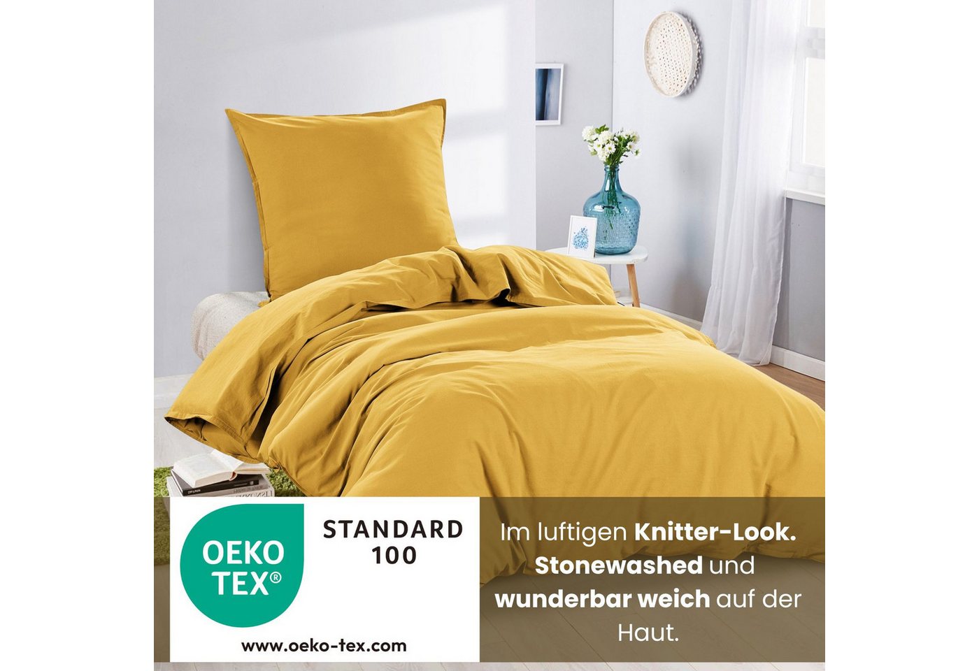 wometo Bettwäsche Stone Washed 155x220 Renforcé, Baumwolle, 2 teilig, OEKO-TEX®, 100% Baumwolle, Bettwäsche im Knitterlook mit Stehsaum – Bild 4 von 5