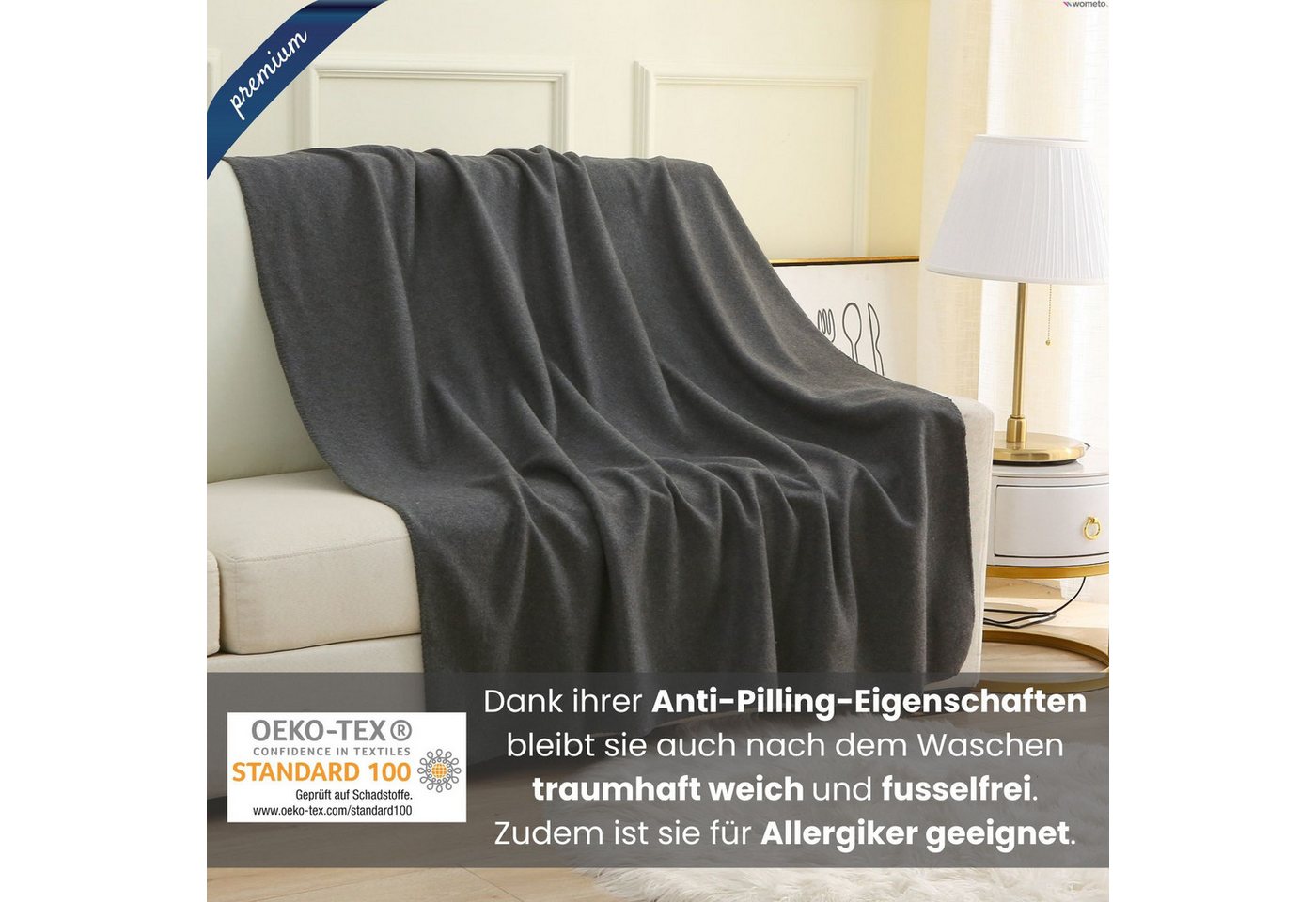 Wohndecke Premium-Fleecedecke in 2 Größe, extra dick, wometo, OEKO-TEX®, extra dick, Qualitäts-Kettelrand & Anti-Pilling – Bild 3 von 5