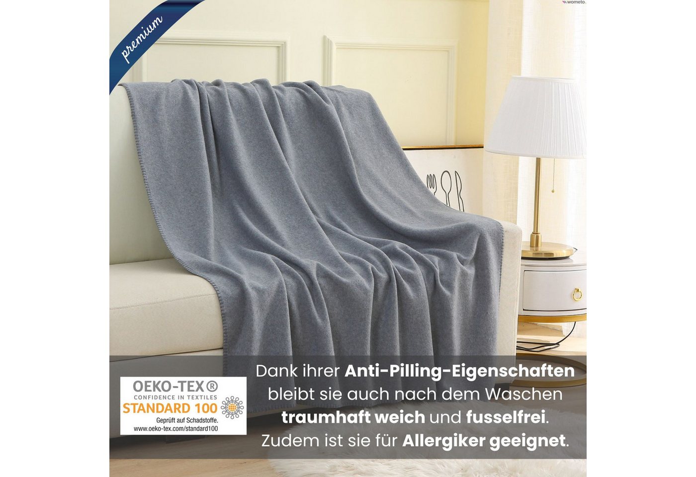 Wohndecke Premium-Fleecedecke in 2 Größen, extra dick, wometo, OEKO-TEX®, extra dick, Qualitäts-Kettelrand & Anti-Pilling – Bild 3 von 5