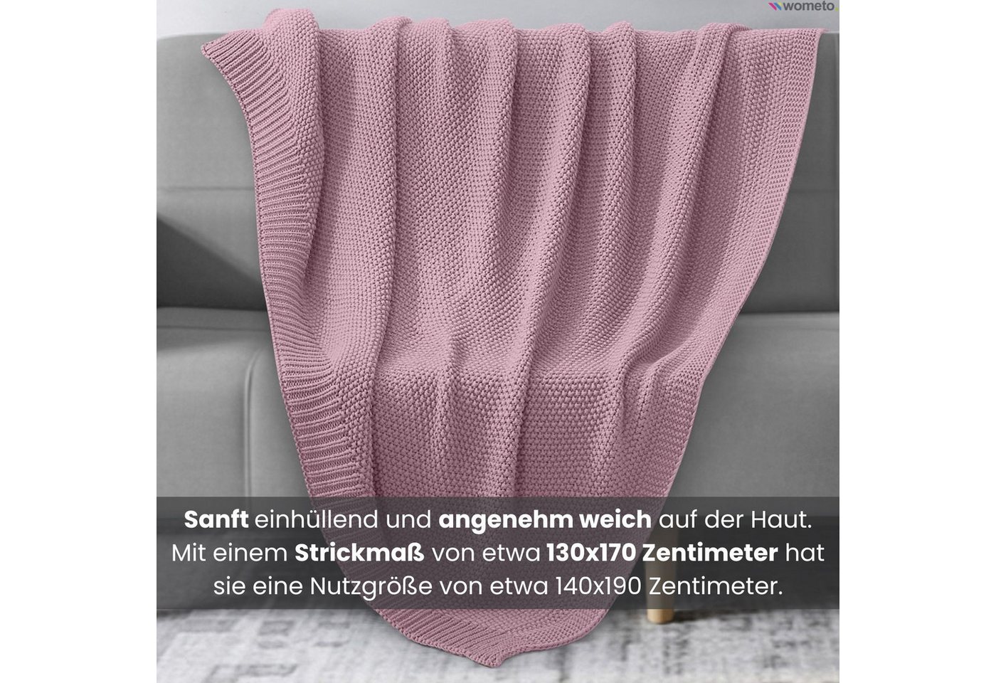 Wohndecke Strick, wometo, OEKO-TEX®, Kuscheldecke mit edlem & schlichtem Strickmuster – Bild 3 von 5