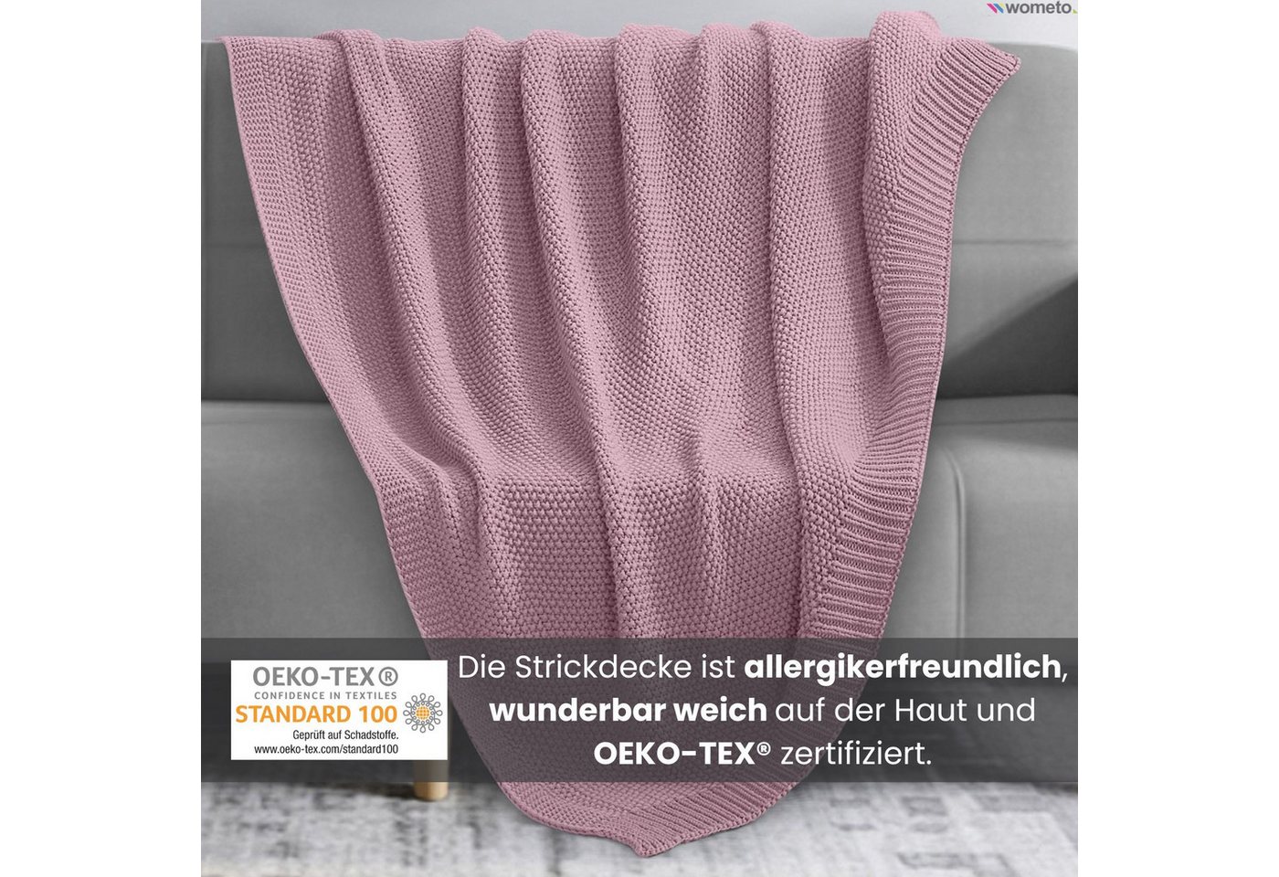 Wohndecke Strick, wometo, OEKO-TEX®, Kuscheldecke mit edlem & schlichtem Strickmuster – Bild 4 von 5