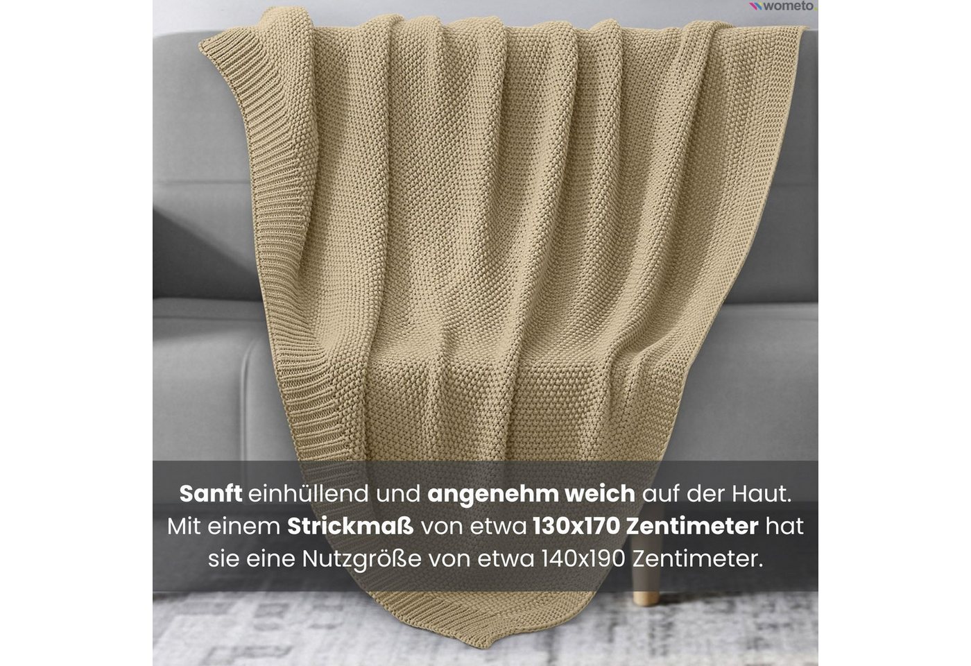 Wohndecke Strick, wometo, OEKO-TEX®, Kuscheldecke mit edlem & schlichtem Strickmuster – Bild 3 von 5