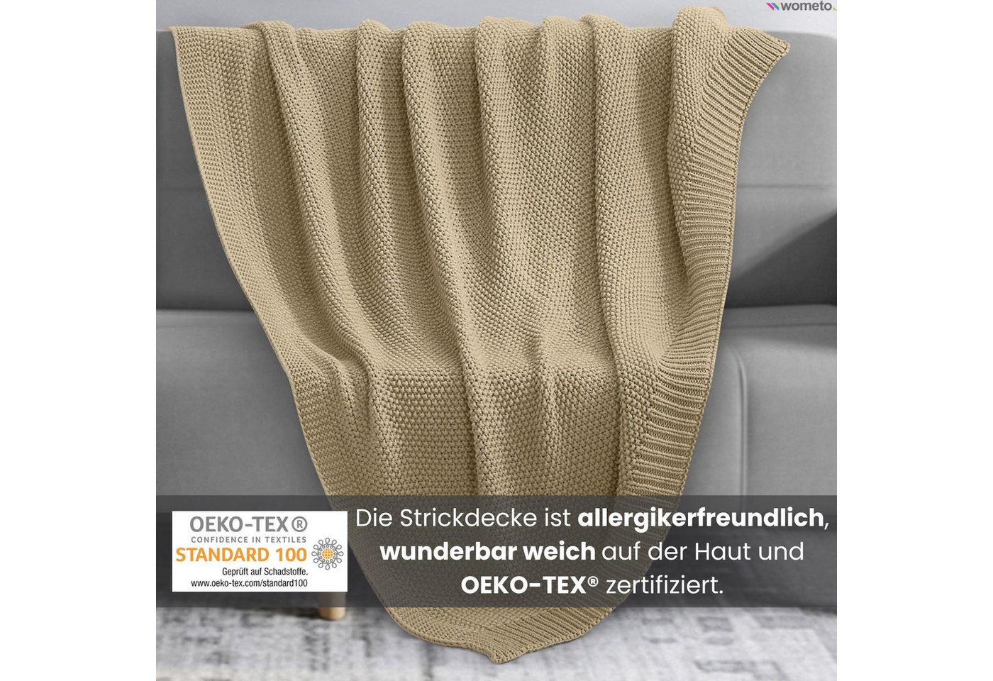 Wohndecke Strick, wometo, OEKO-TEX®, Kuscheldecke mit edlem & schlichtem Strickmuster – Bild 4 von 5