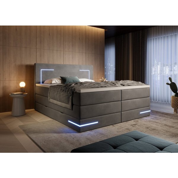 wonello Boxspringbett Detroit, Samt Bett mit LED Beleuchtung, Bettkasten und Topper