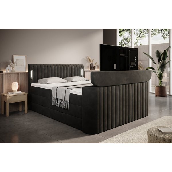 wonello Boxspringbett FLY mit TV-Lift, mit Bettkasten, TFK-Matratzen und premium Topper, LED-Beleuchtung
