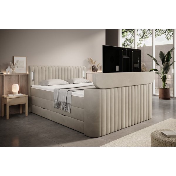 wonello Boxspringbett FLY mit TV-Lift, mit Bettkasten, TFK-Matratzen und premium Topper, LED-Beleuchtung
